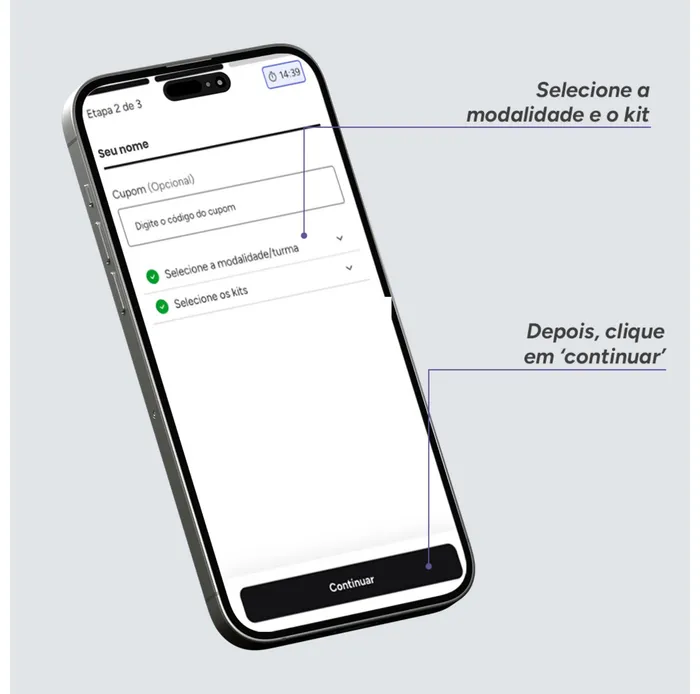 Tela do app TF Sports: Etapa 2 de 3, selecionar a modalidade/categoria e o kit