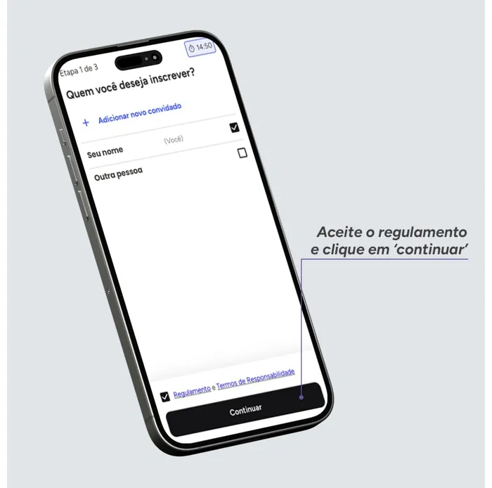 Tela do app TF Sports: Etapa 1 de 3, escolher quem vai ser inscrito e aceitar o regulamento